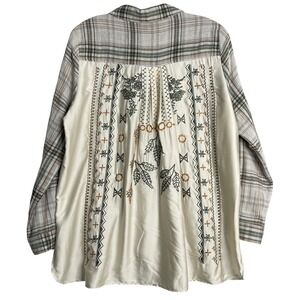 Jane and Delancey‎ Embroidered Plaid Shirt Womens M Oversized Mixed Media Boho